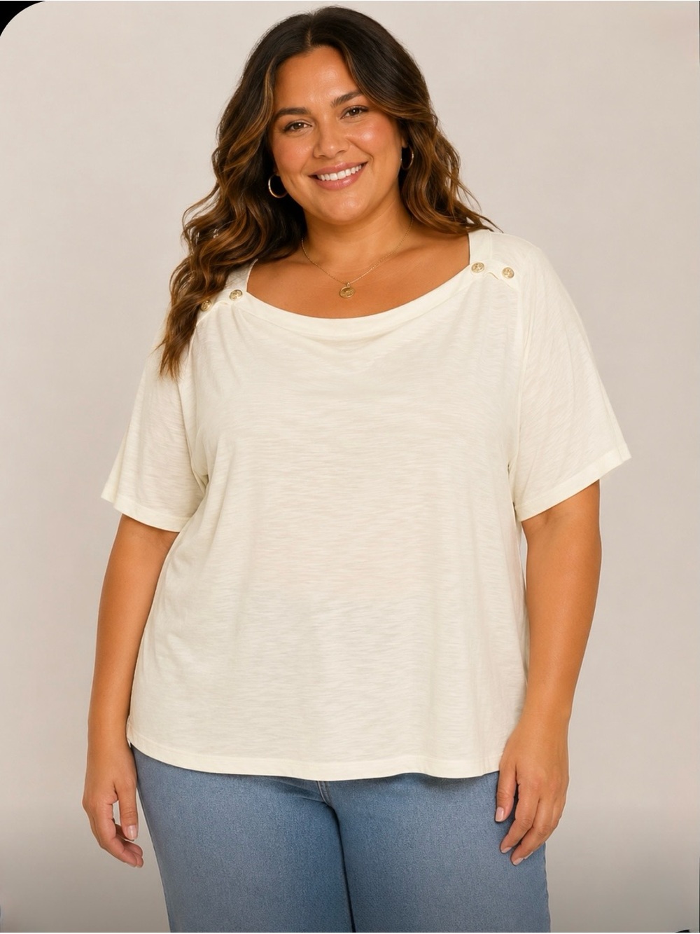 Jones New York Cream Short Sleeve Shoulder-Button Top
